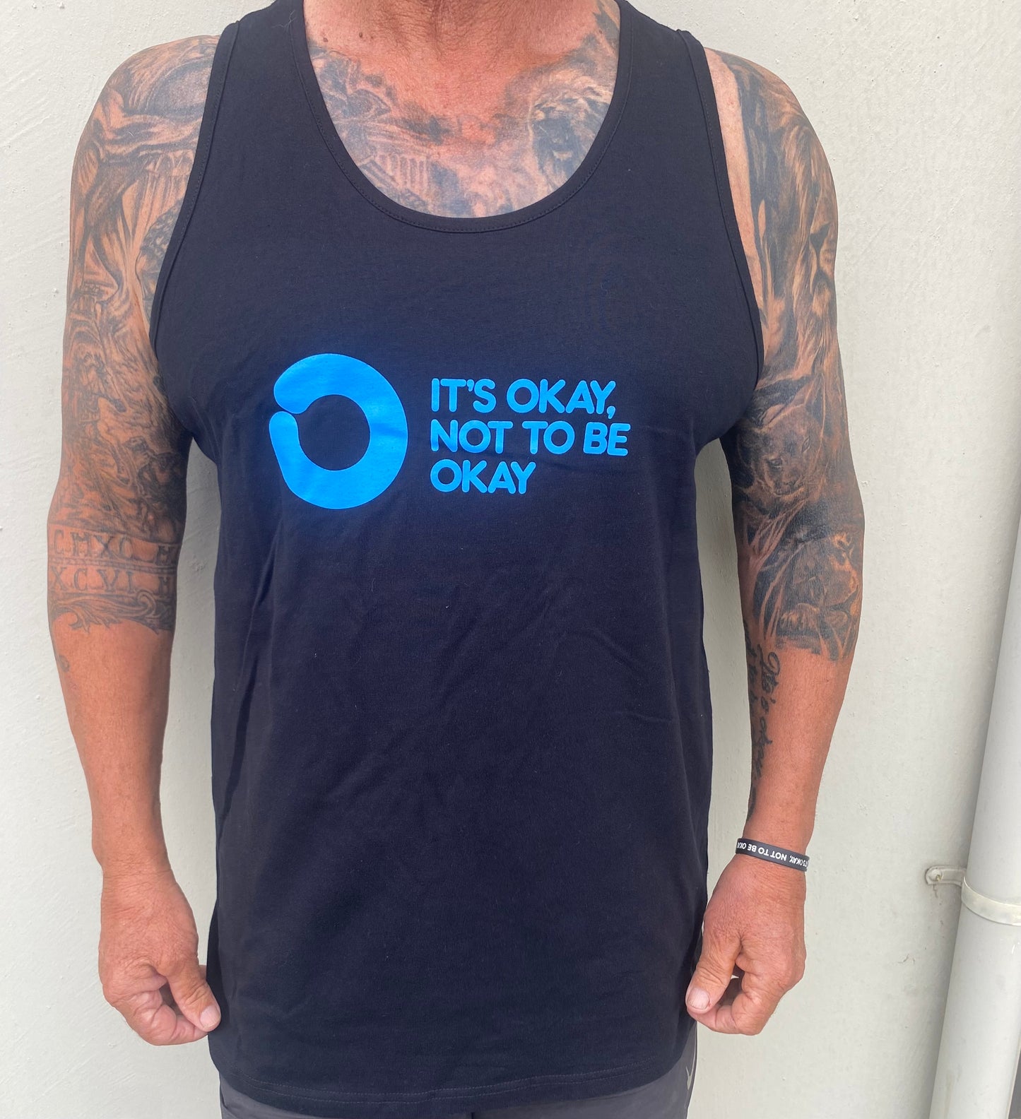 SALE Mens BlackTraining singlet with blue screen print